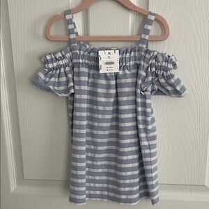 Janie and Jack Blue and White Striped Off-Shoulder Dress